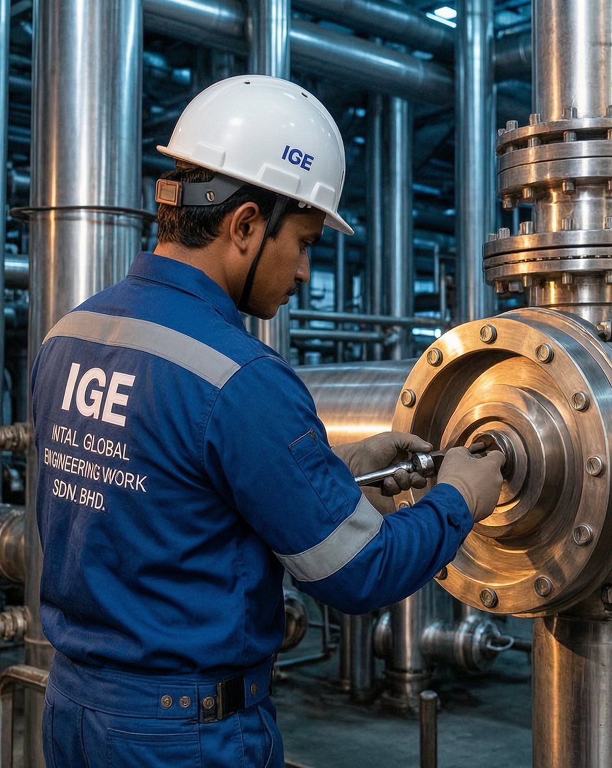 IGE maintenance technician tightening a pipeline valve