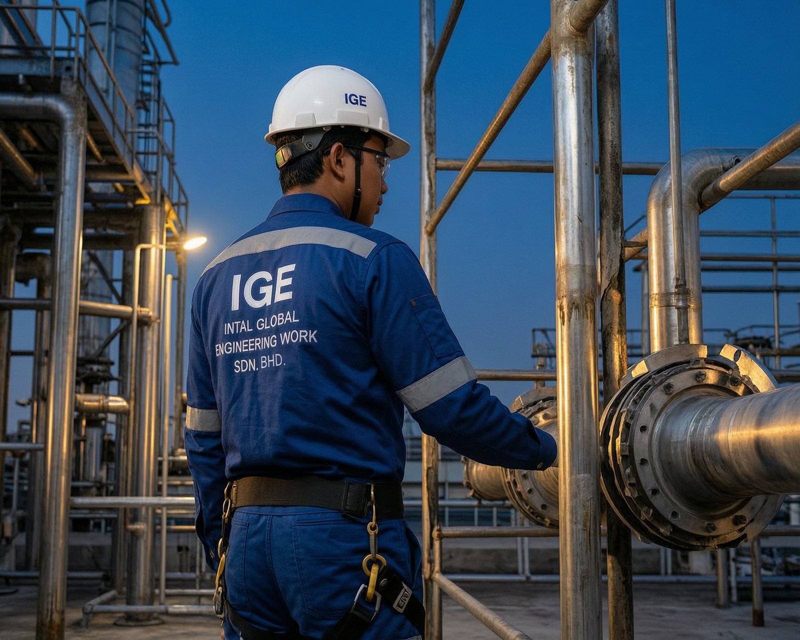 IGE technician wearing a safety harness inspecting pipework at dusk